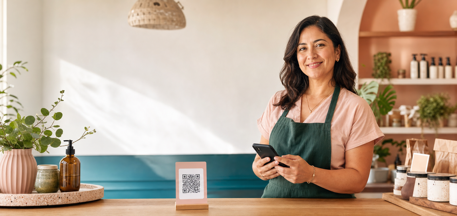 Mujer emprendedora usando un QR para su negocio